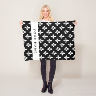 Cobertor De Velo Flor de Lis, Branco sobre Preto, Branco, Seu Nome