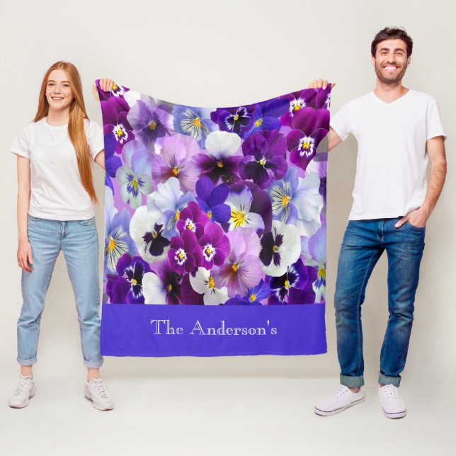 Cobertor De Velo Flor de Pansy Floral Branco Azul Roxo Personalizad (In Situ)