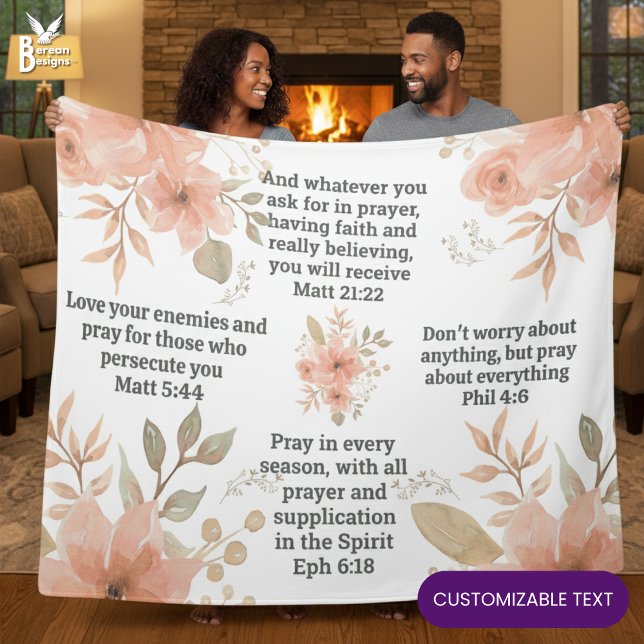 Cobertor De Velo Flor Pêssego Cristã ORAÇÃO  (Christian Scripture Floral Prayer Blanket with CUSTOMIZABLE TEXT to add your favorite Bible verses)
