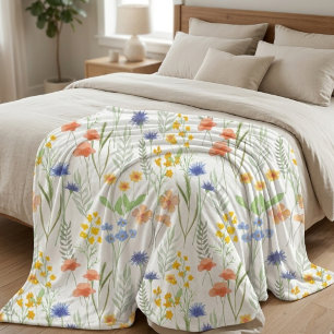 Cobertor De Velo Flor Silvestre Aquarela Azul Laranja Amarelo