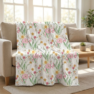 Cobertor De Velo Flor Silvestre Aquarela Rosa Verde