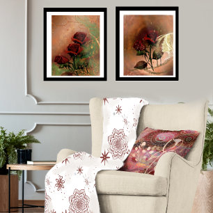 Cobertor De Velo Flor Vermelho com estrelas Flores de Fleece