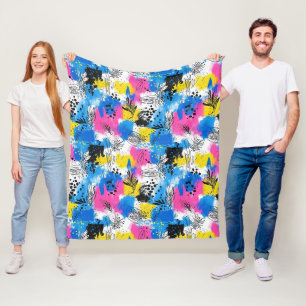 Cobertor De Velo Floral Abstrato Ousado em Azul Rosa e Amarelo