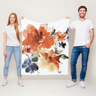 Cobertor De Velo Floral aquarela laranja e azul
