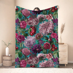 Cobertor De Velo Floral Azul Aqua Colorido Vintage