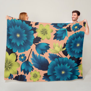 Cobertor De Velo Floral Azul e Amarelo no Fundo do Pêssego