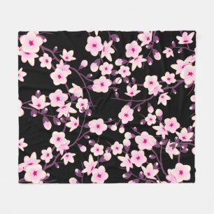 Cobertor De Velo Floral Cherry Blossomas Pretos Rosa