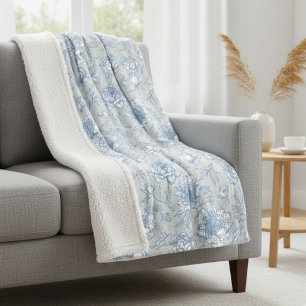 Cobertor De Velo Floral de Vintage Branco e Azul Ilustrado