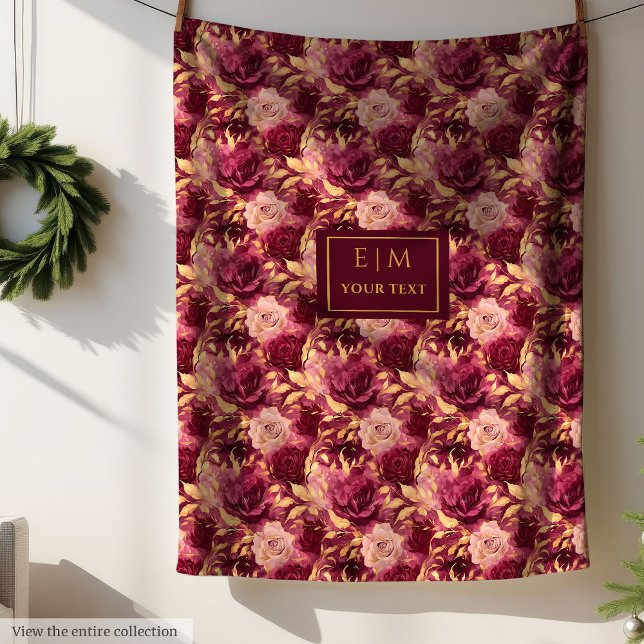 Cobertor De Velo Floral Dourado emborrachado elegante personalizado (Elegant Blush Burgundy Gold Floral Personalized Blanket)