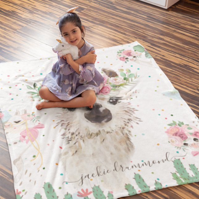 Cobertor De Velo Floral Llama Face | Assinatura: Monograma Fleece (Criador carregado)