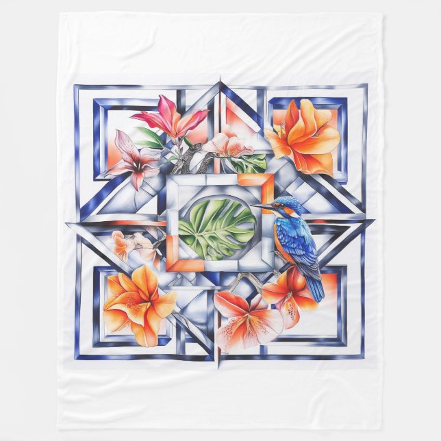 Cobertor De Velo Floral Tropical, Botânico com Pássaro (Frente)