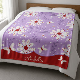 Cobertor De Velo Flores Brancas com Bolinhas Vermelhas em Roxo