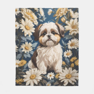 Cobertor De Velo Flores Brancas de Margarida Cachorros Shih Tzu