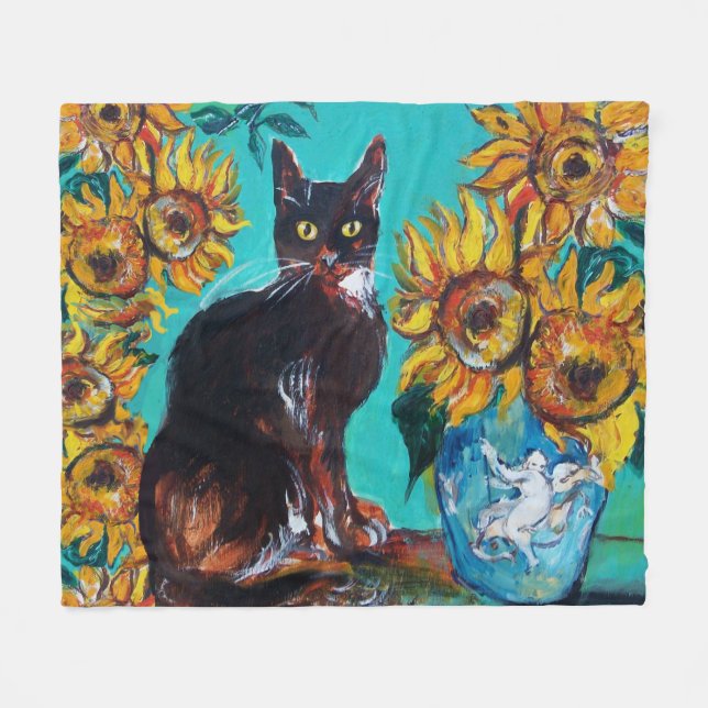 COBERTOR DE VELO FLORES COM GATO PRETO EM TURQUOISMO AZUL (Frente (Horizontal))