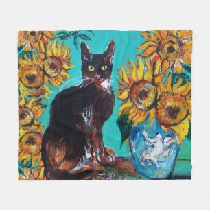 COBERTOR DE VELO FLORES COM GATO PRETO EM TURQUOSE AZUL