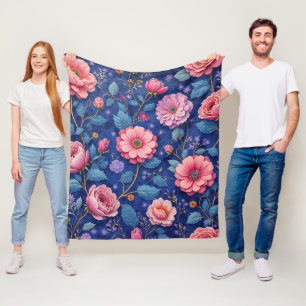 Cobertor De Velo Flores Cor-de-Rosa em Azul Vibrante