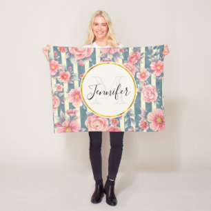 Cobertor De Velo Flores de Aquarela Rosa em Stripes Monograma