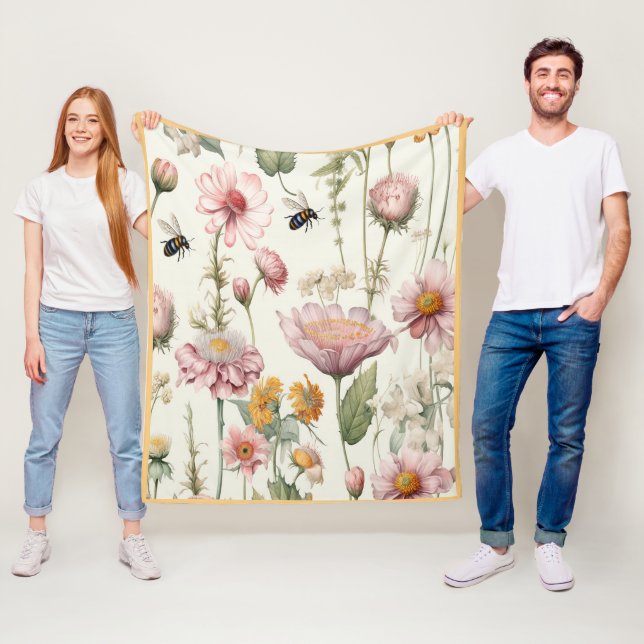 Cobertor De Velo Flores De Mola De Aquarela Rosa Abelhas Amarelas (In Situ)