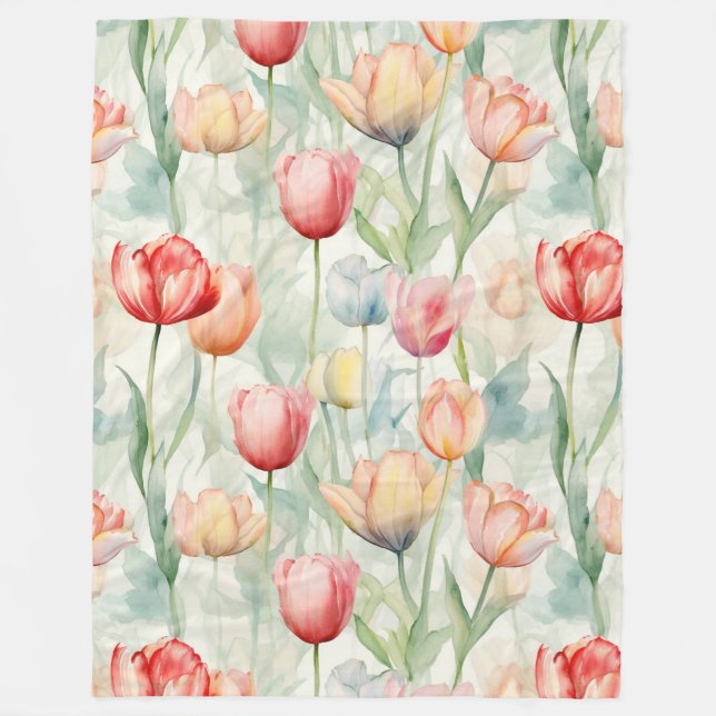 Cobertor De Velo Flores de Tulipa Vermelhas Amarelas Azuis (Frente)