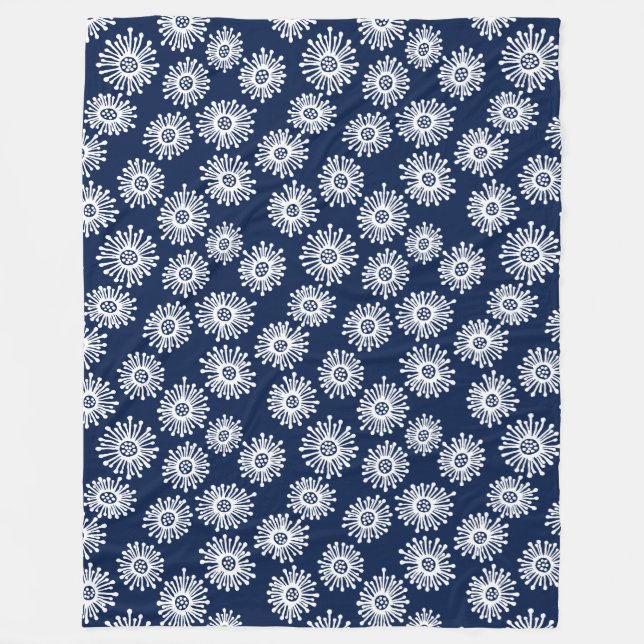 Cobertor De Velo Flores desenhadas à mão - Branco sobre azul escuro (Frente)