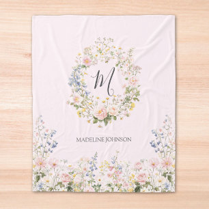 Cobertor De Velo Flores Florais Rosa Azul Monograma Aquarela 