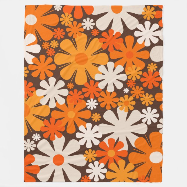 Cobertor De Velo Flores Retro 60s 70s Padrão Floral Laranja (Frente)
