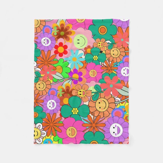 Cobertor De Velo Flores Retro Groovy Boho Hippie (Frente)