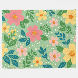 Cobertor De Velo Flores Rosa e Amarelo com Folhas Verdes e Azuis
