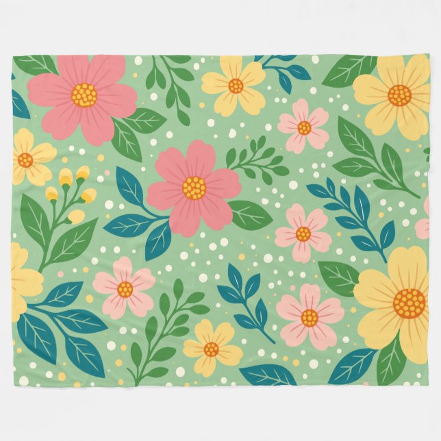 Cobertor De Velo Flores Rosa e Amarelo com Folhas Verdes e Azuis (Frente (Horizontal))