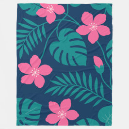 Cobertor De Velo Flores Rosa Tropical e Desenho de Folhagem Verde