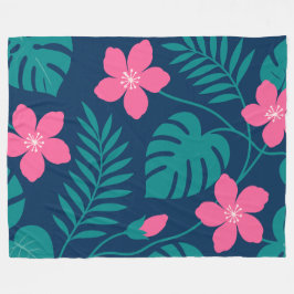 Cobertor De Velo Flores Rosa Tropical e Desenho de Folhagem Verde