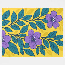 Flores Roxas & Folhas Azul-Celeste em Fundo Amarel