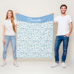Cobertor De Velo Flores silvestres em aquarela azul nome personaliz