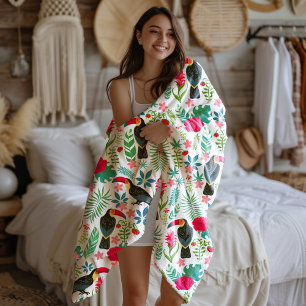 Cobertor De Velo Flores tropicais coloridas de tucanos