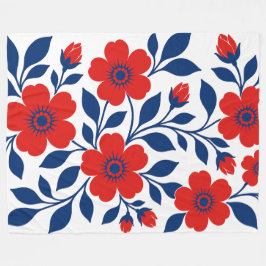 Cobertor De Velo Flores Vermelhas Ousadas e Folhas Azuis Marinho
