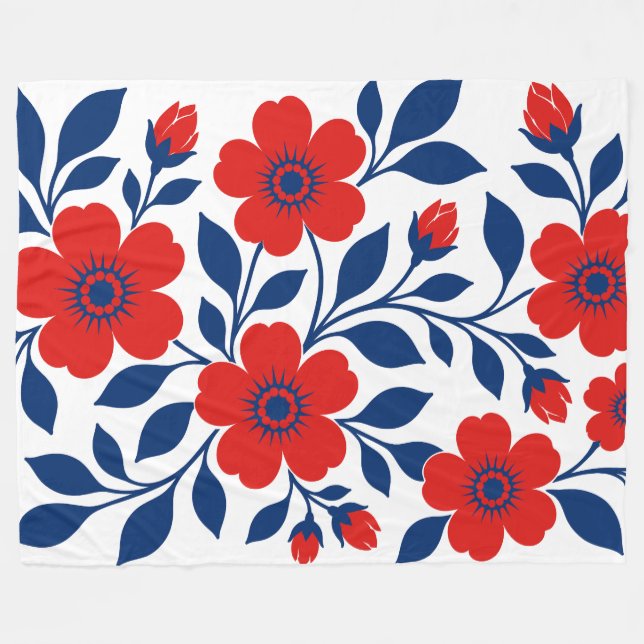 Cobertor De Velo Flores Vermelhas Ousadas e Folhas Azuis Marinho (Frente (Horizontal))