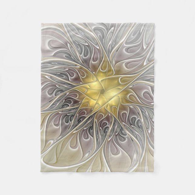 Cobertor De Velo Florescer Com Flor Fractal Abstrata Moderna Dourad (Frente)
