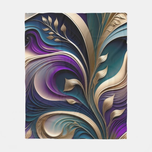 Cobertor De Velo Florescimento Dourado - Flora Abstrata Roxo Escuro (Frente)