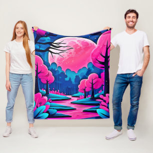 Cobertor De Velo Floresta Artística sob a Lua Rosa