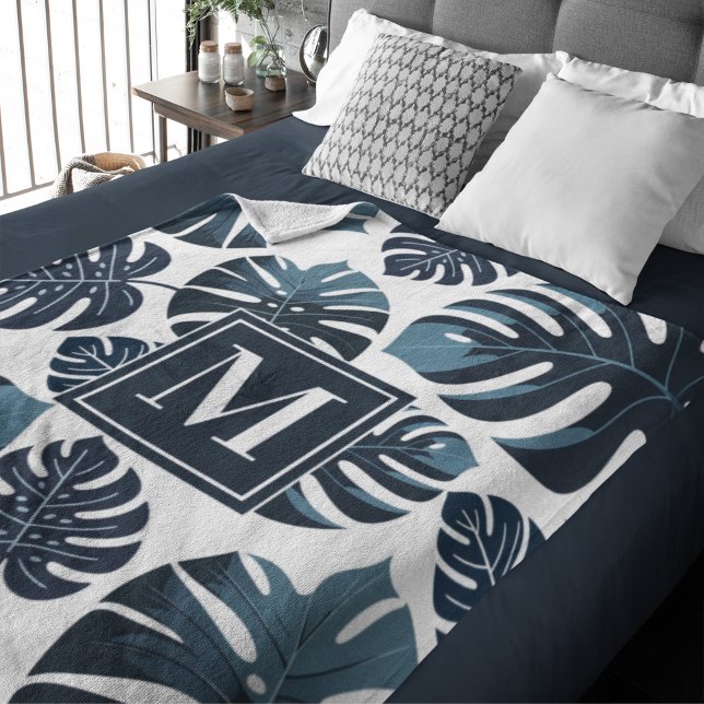 Cobertor De Velo Folha de Monstera Tropical marinho Azul e Branco (Criador carregado)