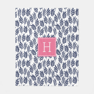 Cobertor De Velo Folhas Azuis e Monograma Rosa