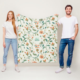 Cobertor De Velo Folhas Azul-Verde Vintage e Padrão Floral Laranja
