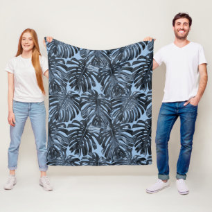Cobertor De Velo Folhas da Selva Preto Azul Escuro Tropical