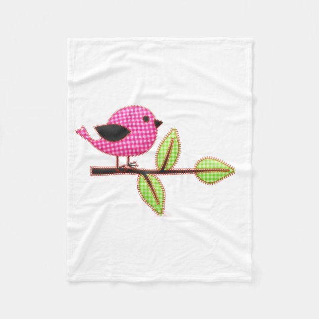 Cobertor De Velo Folhas de bordados de aves de gingham rosa (Frente)