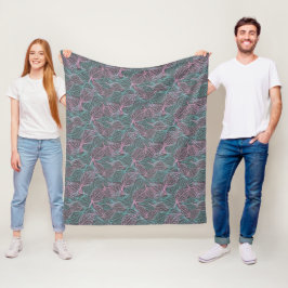 Cobertor De Velo Folhas estilizadas rosa e turquesa padrão cinza