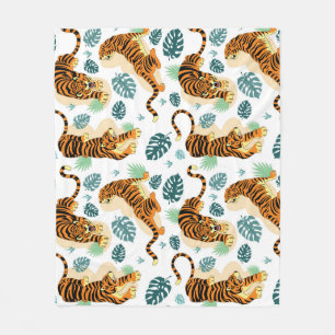Cobertor De Velo Folhas Tropicais de Tigres: Ilustração Vintage.