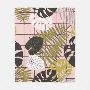 Cobertor De Velo Folhas tropicais, flores, padrão pintado à mão.