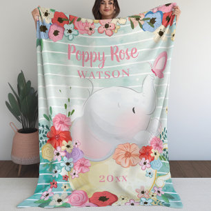 Cobertor De Velo Folheto de Elefante com Flores + Nome Personalizad