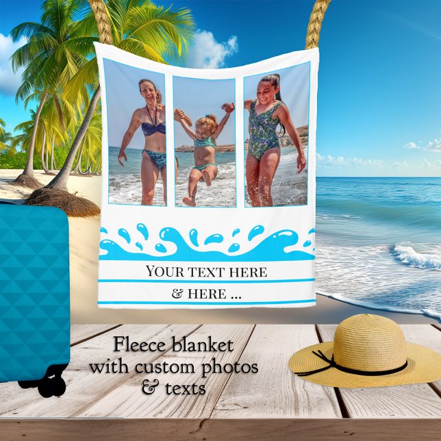 Cobertor De Velo Folheto de Fotografia Personalizada do Splash em P (Fleece blanket featuring your photos and texts with a wave splash image and fresh turquoise stripes)