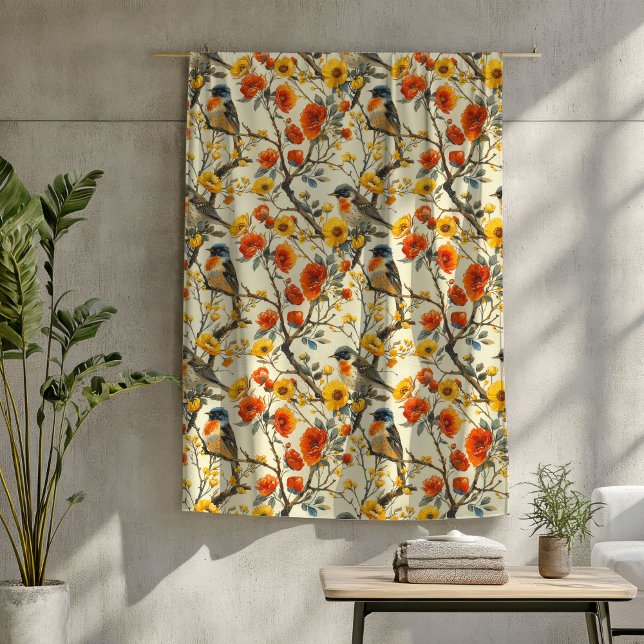 Cobertor De Velo Folheto de outono com Aves e Charme Floral (Cozy Autumn Blanket with Birds and Floral Charm)